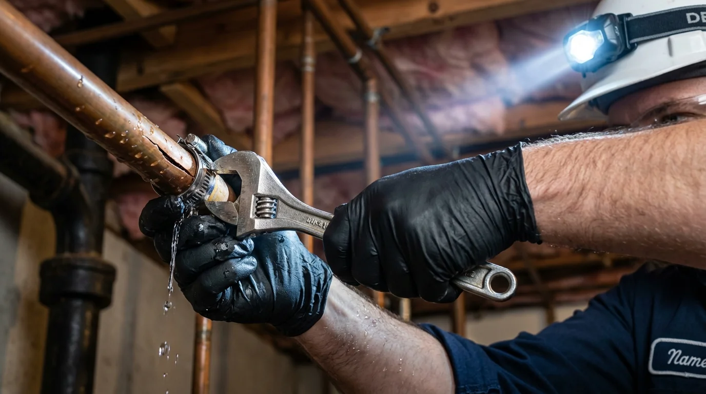 Emergency pipe clamp repair being performed by a Johns Plumbing LLC plumber in Cordell