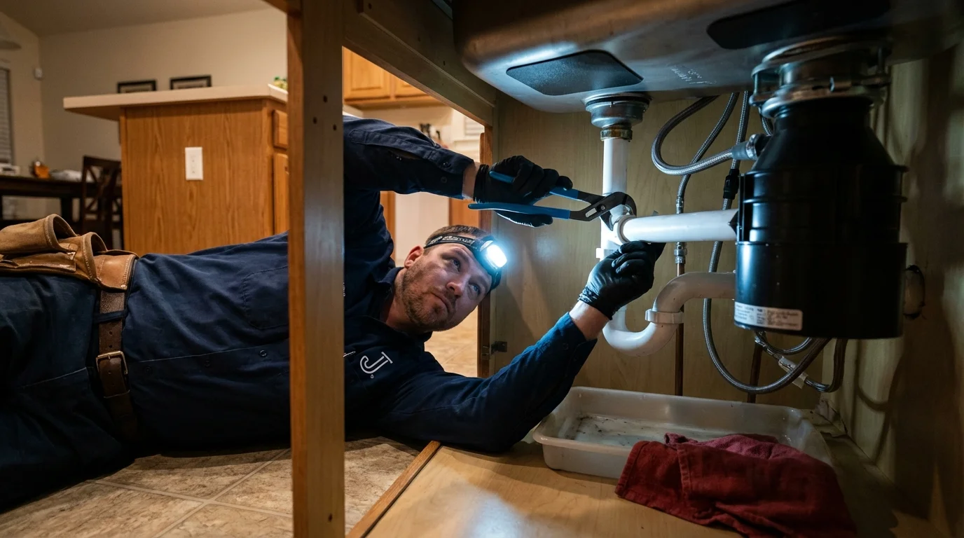 P-trap and supply line connections under a kitchen sink showing a common leak point in Cordell, OK